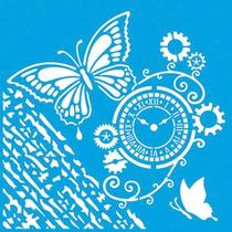 Stencil Litoarte Rose Ferreira 20 x 20 cm - STXX-009 Mixed Media Borboleta e Relógio