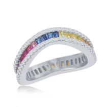 Sterling prata Rainbow Baguete CZ anel ondulado, tamanho 7