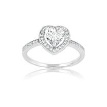 Sterling Silver Center Heart CZ e Micro Pave Ring, Tamanho 7