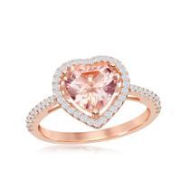 Sterling Silver Heart Morganite CZ Anel, Tamanho 6