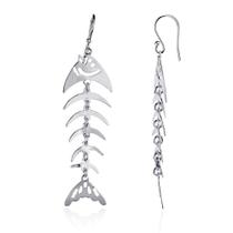 Sterling Silver Long Dangling Fish Skeleton Brincos