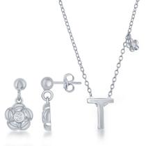 Sterling Silver Shiny T Colar e Brincos Set