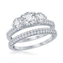 Sterling Silver Three-Stone Engagement Ring Set, Tamanho 6