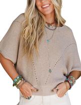 Suéter Aedceal feminino tricotado, manga em forma de asa de morcego, gola redonda, cáqui Suéter Aedceal feminino tricotado, manga em forma de asa de morcego, gola redonda, cáqui