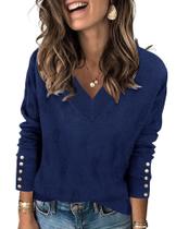 Suéter AKEWEI feminino casual com decote em V com botões azul marinho