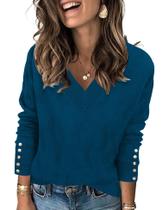 Suéter AKEWEI feminino casual com decote em V com botões azul verde