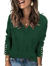 Suéter AKEWEI feminino com decote em V e manga comprida, verde