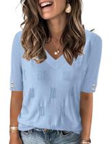 Suéter AKEWEI feminino de manga curta com decote em V azul