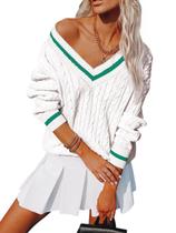 Suéter Aoudery com decote em V de grandes dimensões tricotado listrado branco XXL Suéter Aoudery com decote em V de grandes dimensões tricotado listrado branco XXL