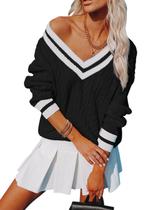 Suéter Aoudery feminino com decote em V de grandes dimensões tricotado preto 3GG Suéter Aoudery feminino com decote em V de grandes dimensões tricotado preto 3GG