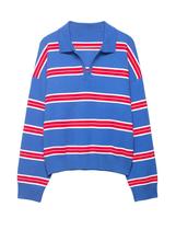 Suéter Bozanly feminino de grandes dimensões com gola polo listrada Suéter Bozanly feminino de grandes dimensões com gola polo listrada