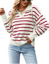 Suéter BQDCQB, polo listrado, decote em V, malha solta para mulheres