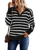 Suéter BQDCQB, polo listrado, decote em V, malha solta para mulheres Suéter BQDCQB, polo listrado, decote em V, malha solta para mulheres