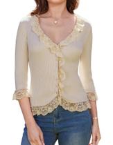 Suéter cardigã GRACE KARIN, manga 3/4, renda, frente aberta, damasco