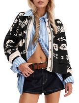 Suéter cardigã MISSACTIVER com estampa floral para mulheres, preto Suéter cardigã MISSACTIVER com estampa floral para mulheres, preto