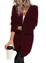 Suéter cardigã Sidefeel 2024 Open Front com capuz cor de vinho