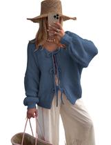 Suéter, cardigã, SKIKYAN, gravata borboleta, grande, feminino, azul jeans