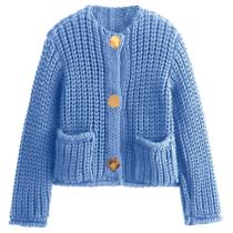 Suéter Cardigan Feminino Yimoon - Malha Grossa, Azul, Tamanho S