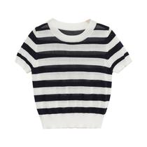 Suéter Casual De Malha Listrado Feminino Com Manga Curta, Camiseta Pullover Fashion