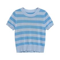 Suéter Casual De Malha Listrado Feminino Com Manga Curta, Camiseta Pullover Fashion