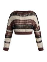 Suéter Crop Beaudrm feminino plus size, listrado em bloco colorido