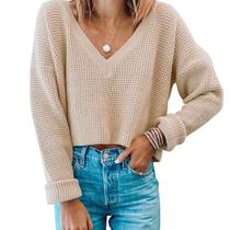 Suéter Crop Jumppmile feminino com decote em V e manga comprida em malha waffle Suéter Crop Jumppmile feminino com decote em V e manga comprida em malha waffle