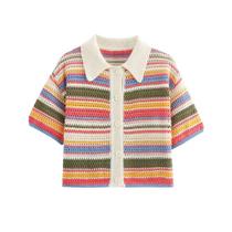 Suéter Cropped De Crochê Listrado Feminino Com Gola Polo E Manga Curta, Botões, Estilo Chic