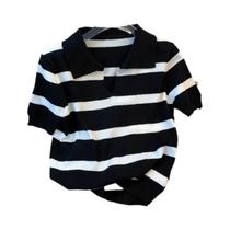 Suéter Cropped Feminino Com Gola E Padrão Listrado, Manga Curta, Tricotado Para Primavera E Verão