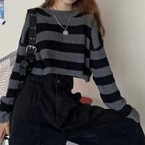 Suéter Cropped Listrado Oversize Feminino Estilo Coreano Vintage De Manga Longa Com Decote Redondo