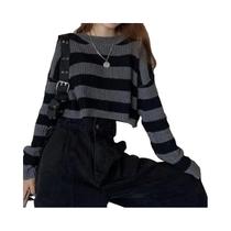 Suéter Cropped Listrado Oversize Feminino Estilo Coreano Vintage De Manga Longa Com Decote Redondo
