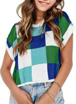 Suéter curto para meninas Seiciviy Color Block Green de 7 a 14 anos