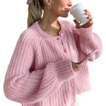 Suéter de cardigã Acmplla Chunky Knit Button rosa para mulheres