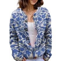 Suéter de cardigã Akivide feminino com estampa floral, tricotado, outono Suéter de cardigã Akivide feminino com estampa floral, tricotado, outono