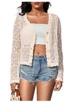 Suéter de cardigã BEAUDRM Crochet Hollow Out com decote em V marfim