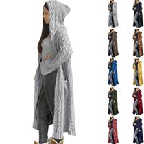 Suéter de cardigã feminino com capuz tricotado de manga comprida