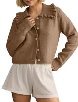 Suéter de cardigã feminino ICOBID tricotado com babados e gola camel