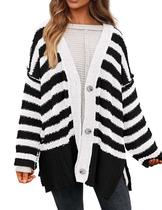 Suéter de cardigã feminino PRETTYGARDEN listrado preto branco de algodão
