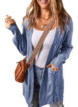 Suéter de cardigã feminino SHEWIN Chunky Cable tricotado em azul celeste