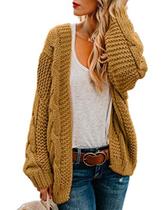 Suéter de cardigã Ferrtye feminino Chunky Cable Kit amarelo Suéter de cardigã Ferrtye feminino Chunky Cable Kit amarelo