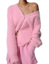 Suéter de cardigã Flygo Fuzzy Mohair com decote em V, botão rosa para mulheres