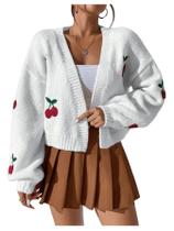 Suéter de cardigã GORGLITTER Graphic Cherry Cable Knit White Suéter de cardigã GORGLITTER Graphic Cherry Cable Knit White