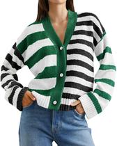 Suéter de cardigã Saodimallsu listrado com decote em V, botão, verde escuro Suéter de cardigã Saodimallsu listrado com decote em V, botão, verde escuro