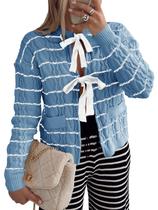 Suéter de cardigã Saodimallsu listrado com gravata frontal feminina azul Suéter de cardigã Saodimallsu listrado com gravata frontal feminina azul