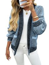 Suéter de cardigã Saodimallsu Waffle Knit de manga comprida azul