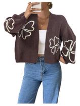 Suéter de cardigã SOLY HUX floral recortado com frente aberta para mulher Suéter de cardigã SOLY HUX floral recortado com frente aberta para mulher