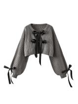 Suéter de cardigã Verdusa feminino com gravata borboleta em malha cinza creme
