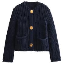 Suéter de cardigã Yimoon Chunky Knit Cropped Navy para mulheres