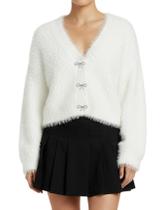 Suéter de cardigã Yimoon Cropped Fuzzy com decote em V, tricotado branco para mulheres