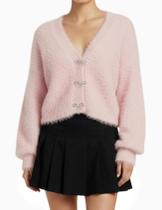 Suéter de cardigã Yimoon Cropped Fuzzy com decote em V tricotado rosa para mulheres