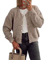 Suéter de cardigã Ynhonra feminino de manga comprida com botão cáqui